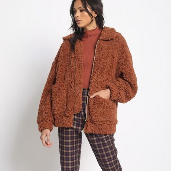 Sale! Rust Contrasting Fuzzy Sherpa Jacket - Picture 2 of 8